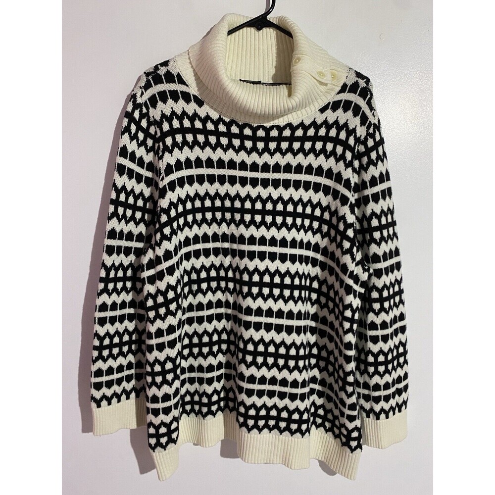 Talbots Sweater‎ 2X Black Ivory Geometric Preppy Academia Office Travel Holidays